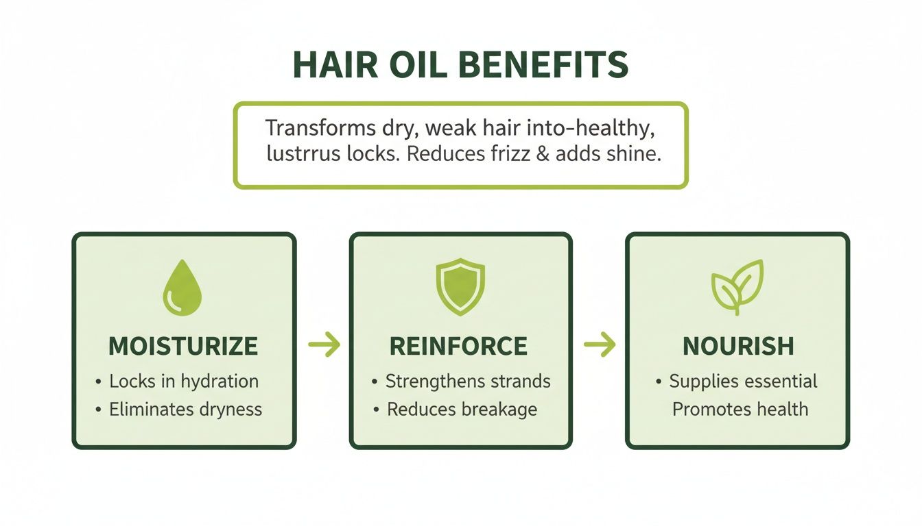Infographic detailing hair oil benefits: moisturizes, reinforces, and nourishes for healthy, lustrous hair.