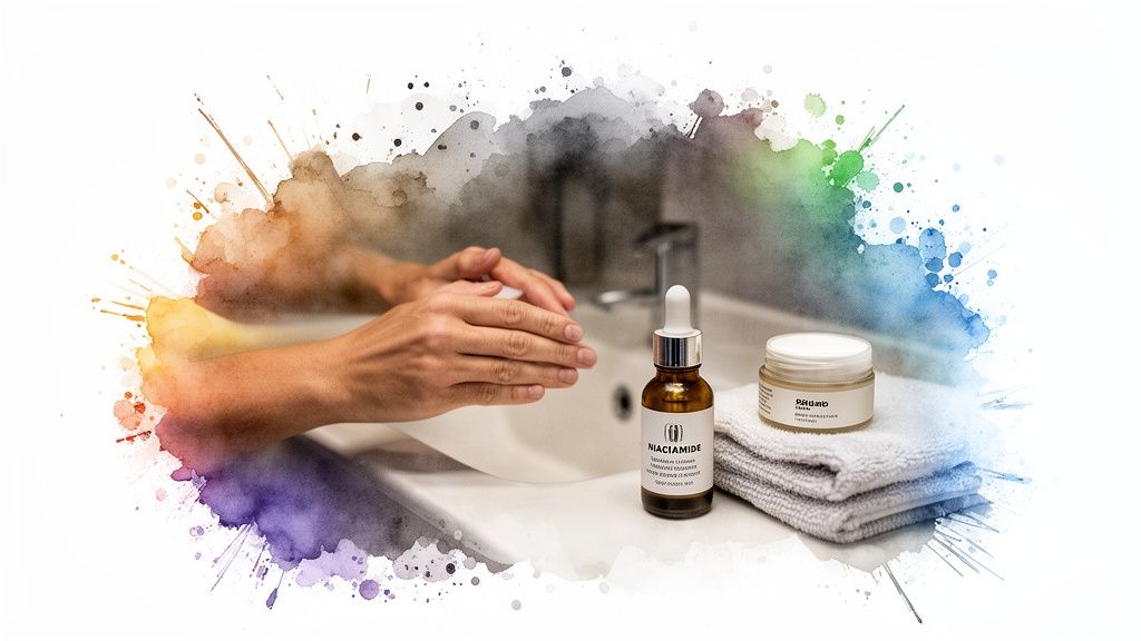 Hands at a sink with Niacinamide serum, cream, and towel for a skincare routine.