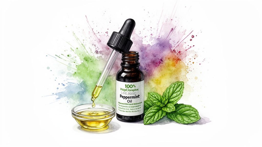 Peppermint oil bottle with dropper, oil in bowl, and fresh mint leaves on a watercolor background.