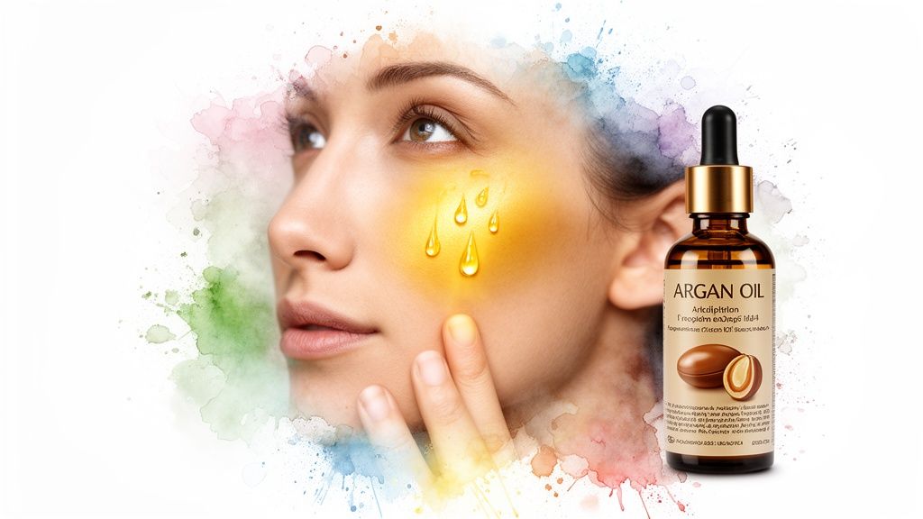 Woman's face with golden argan oil drops, a hand touching her cheek, and an argan oil bottle.