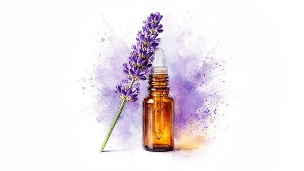 A sprig of purple lavender flowers next to an amber essential oil dropper bottle.