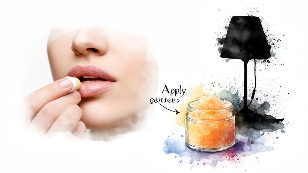 Close-up of a person applying lip balm, with a jar of lip scrub and a watercolor lamp.