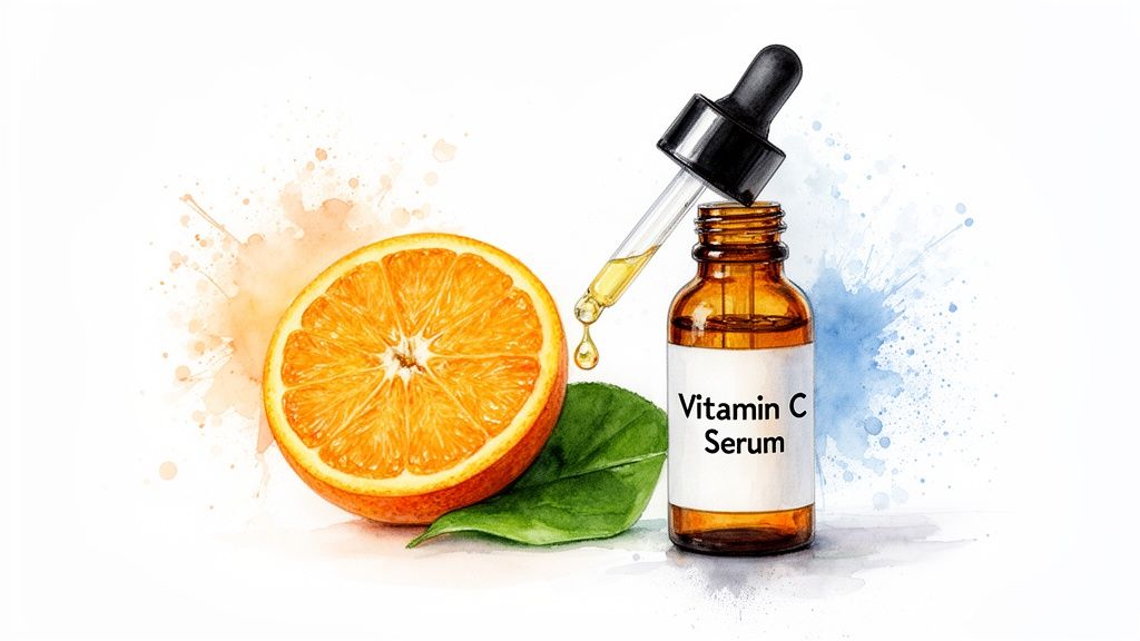 Watercolor illustration of a halved orange, green leaf, and a Vitamin C serum bottle with a dropper.