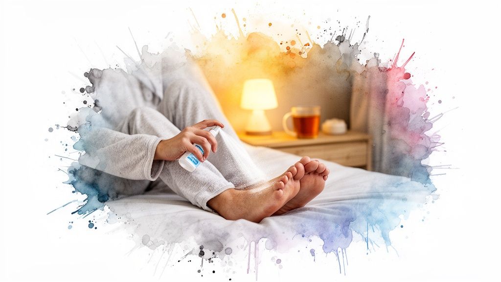 Person on bed sprays their bare feet with a magnesium oil spray before sleep.
