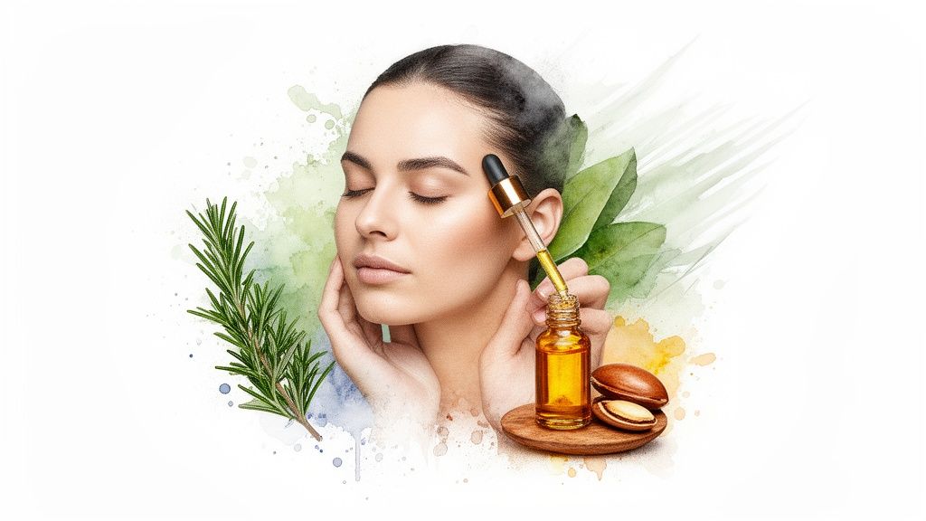 Woman applying natural Argan oil to her face, with rosemary, leaves, and Argan nuts.