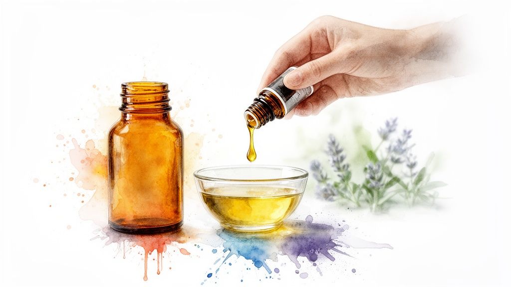 Close-up of a hand dripping golden essential oil into a glass bowl with lavender in background.