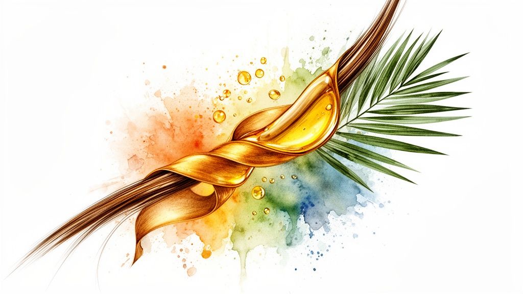 Lustrous hair strand entwined with golden oil, surrounded by botanical leaf and vibrant watercolor.