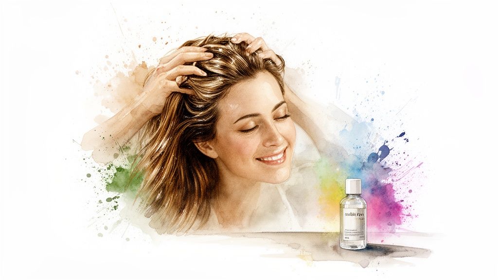 A smiling woman with closed eyes massages her hair, a product bottle beside colorful watercolor splashes.