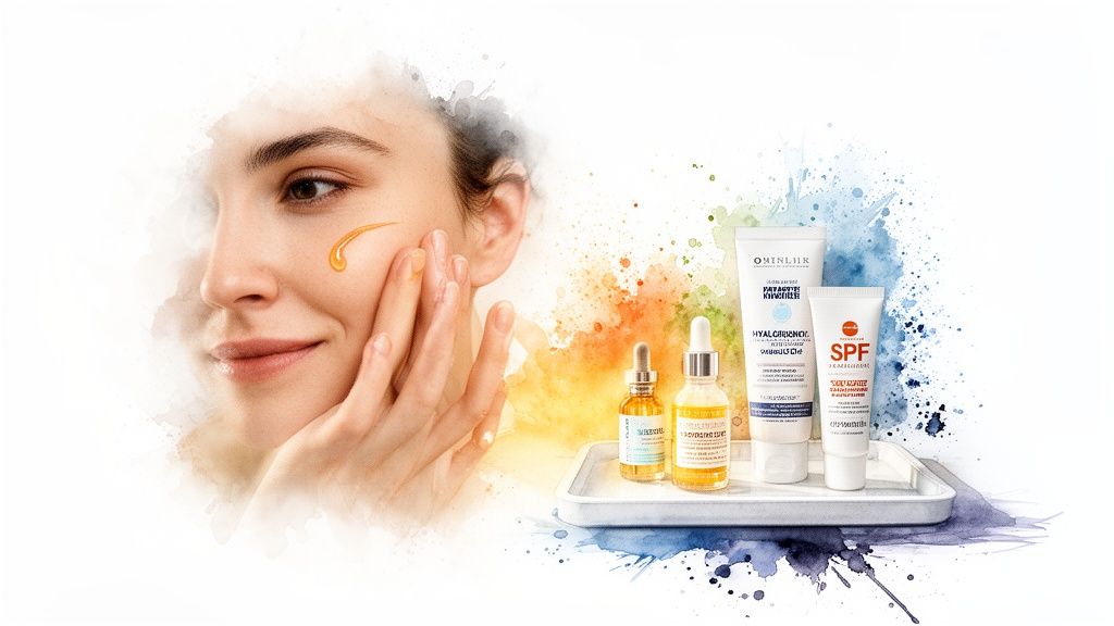 A woman applies a golden serum to her cheek, next to a tray of various skincare products.