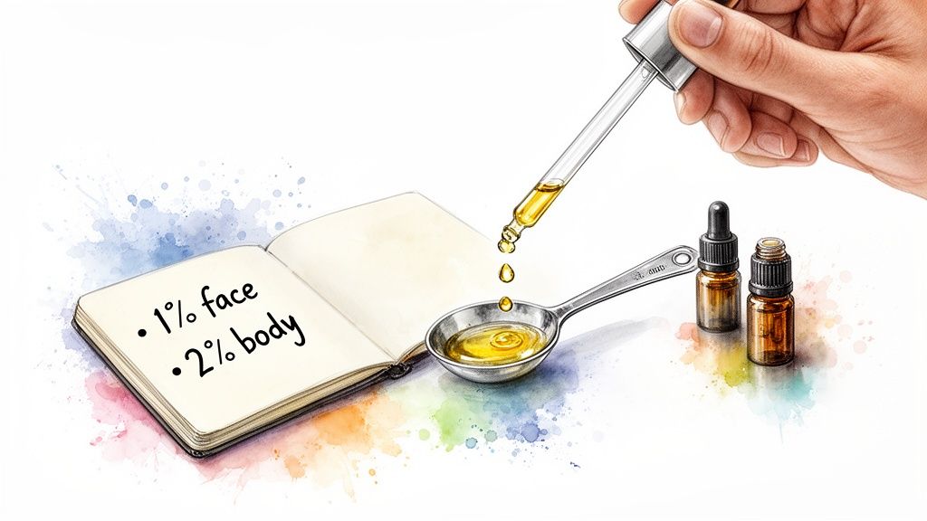 Essential oil dropper dispensing oil into a spoon next to a recipe notebook and small bottles.