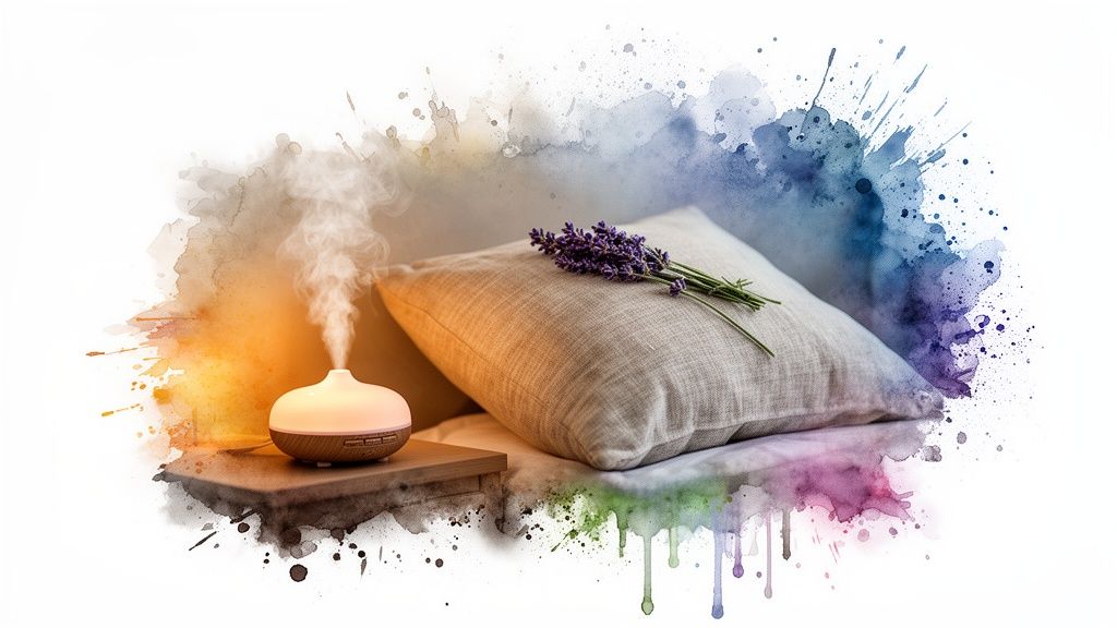 An essential oil diffuser emitting steam next to a pillow with lavender flowers in a watercolor splash.