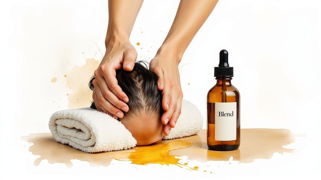 Hands massaging a head with hair oil from a 'Blend' bottle, spilled on a white surface.