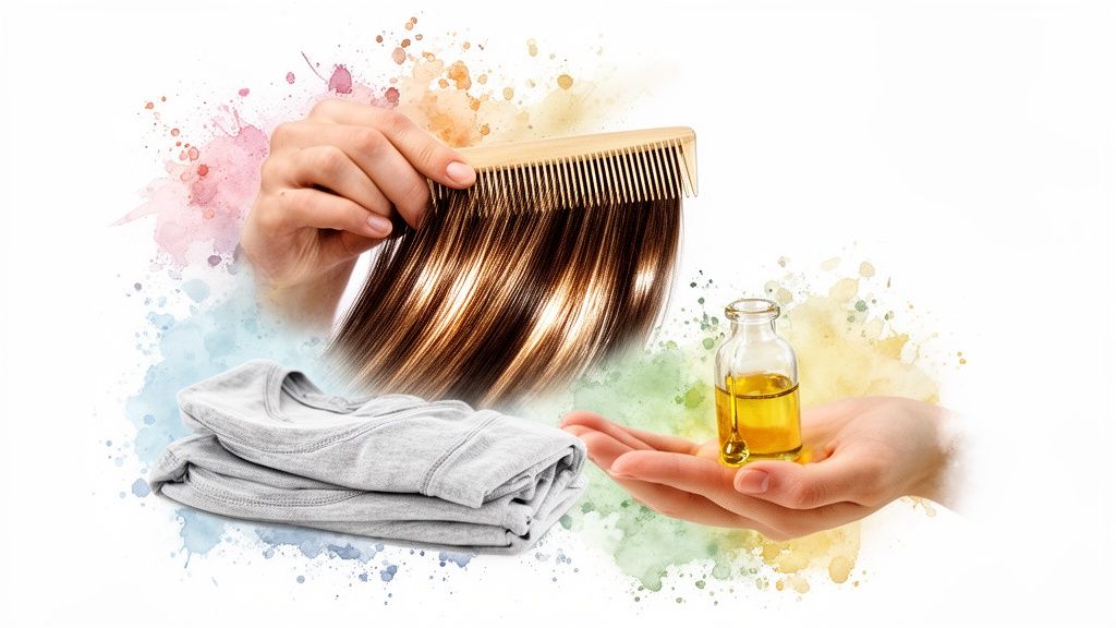 A hand combs long, shiny brown hair, another holds natural oil, with folded shirts and watercolor splashes.