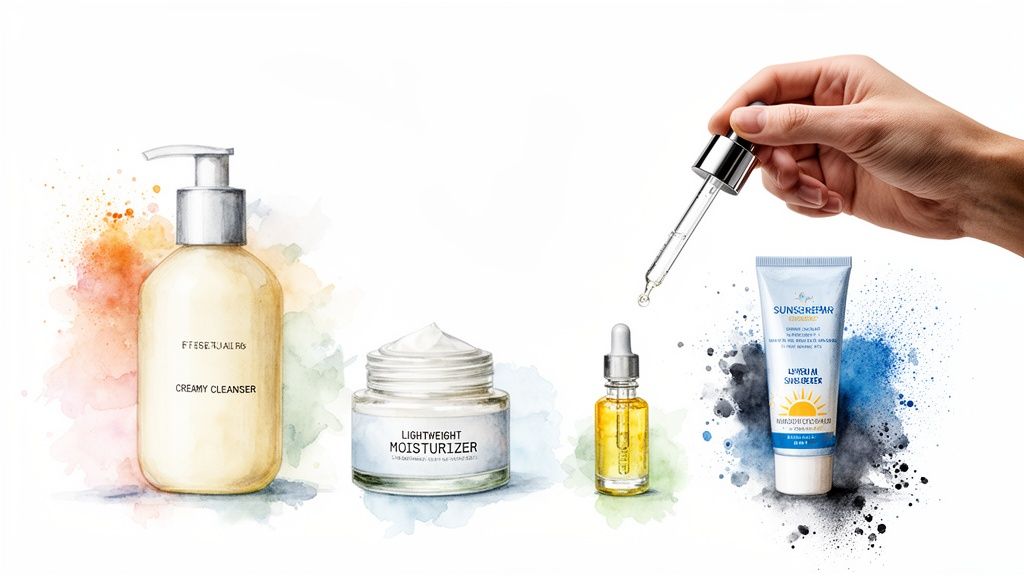 Watercolor illustration of natural skincare products including creamy cleanser, moisturizer, serum, and sunscreen.