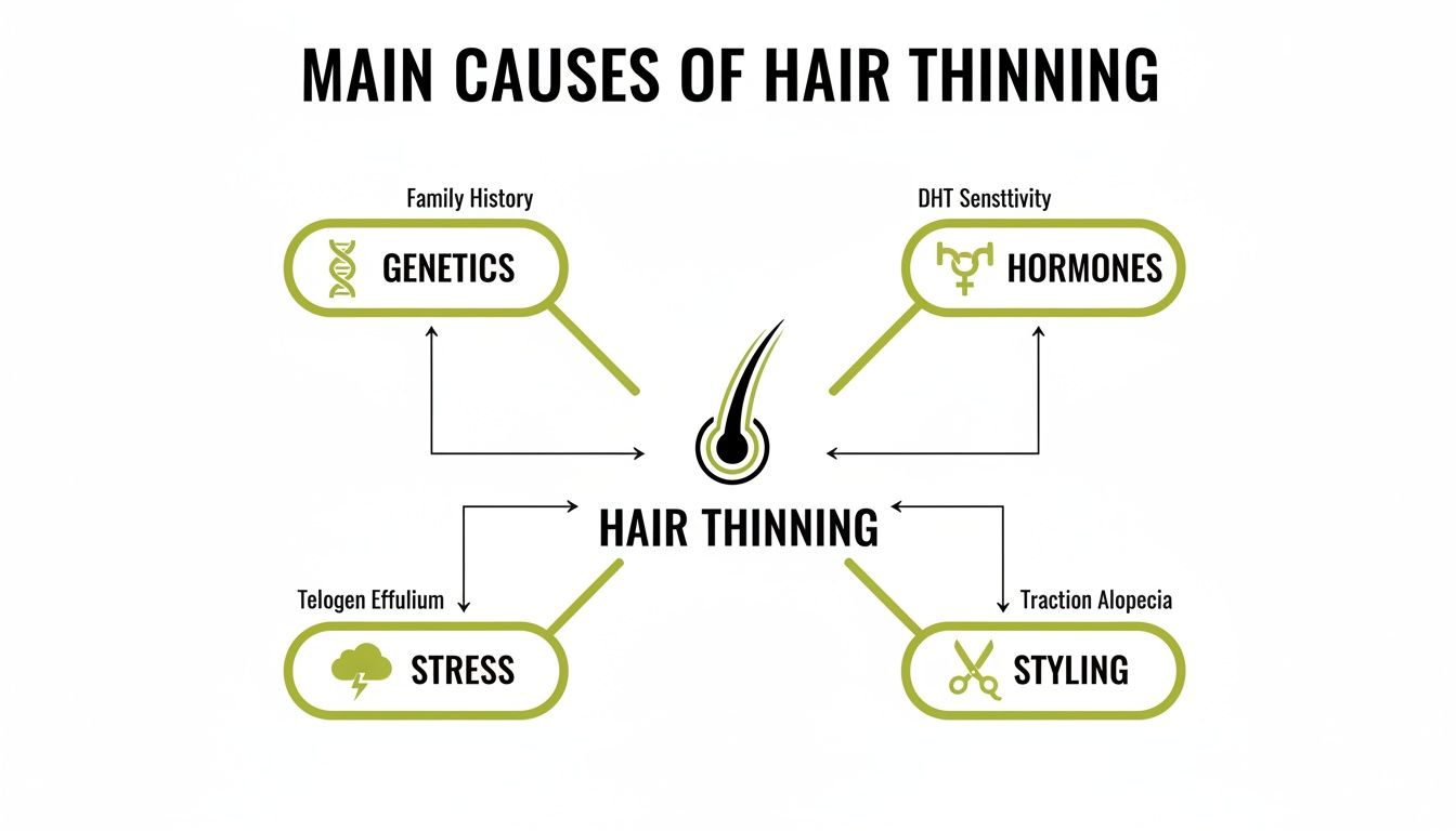 Infographic showing the main causes of hair thinning: genetics, hormones, stress, and styling.