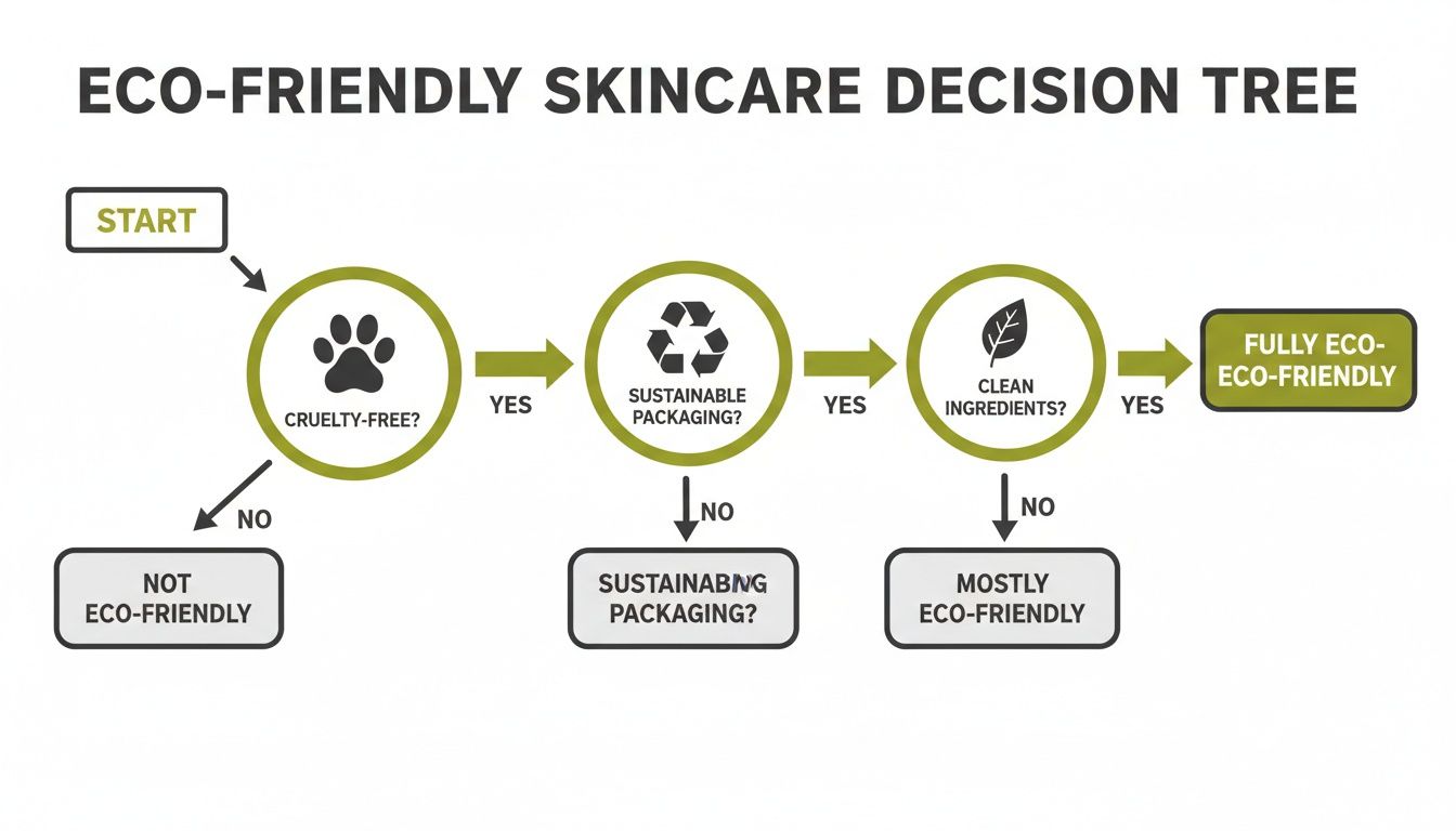 A decision tree flowchart guides users on eco-friendly skincare, based on cruelty-free, sustainable packaging, and clean ingredients.