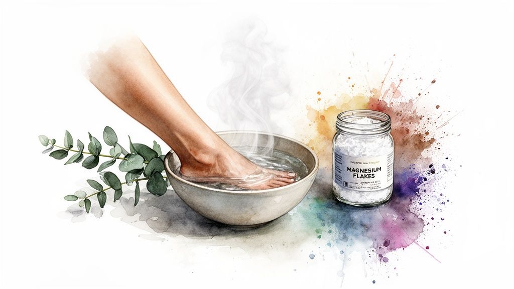 A foot soaking in steaming water with eucalyptus, next to a jar of magnesium flakes.