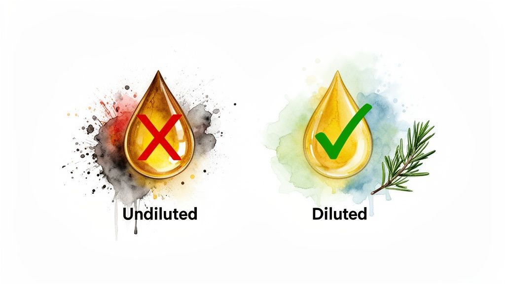 Illustration comparing undiluted oil with a red X to diluted oil with a green check and rosemary sprig.