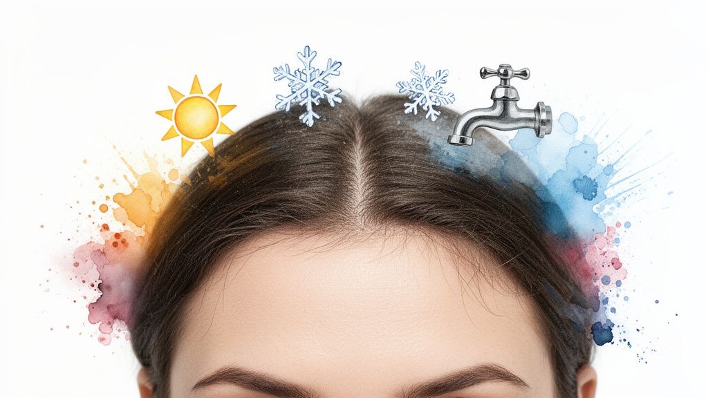 A person's scalp with symbols of sun, snowflakes, and a faucet illustrating dry scalp concerns.