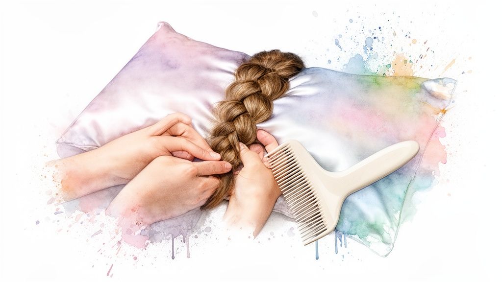 Hands braiding long brown hair on soft satin pillows, with a comb and watercolor splashes.
