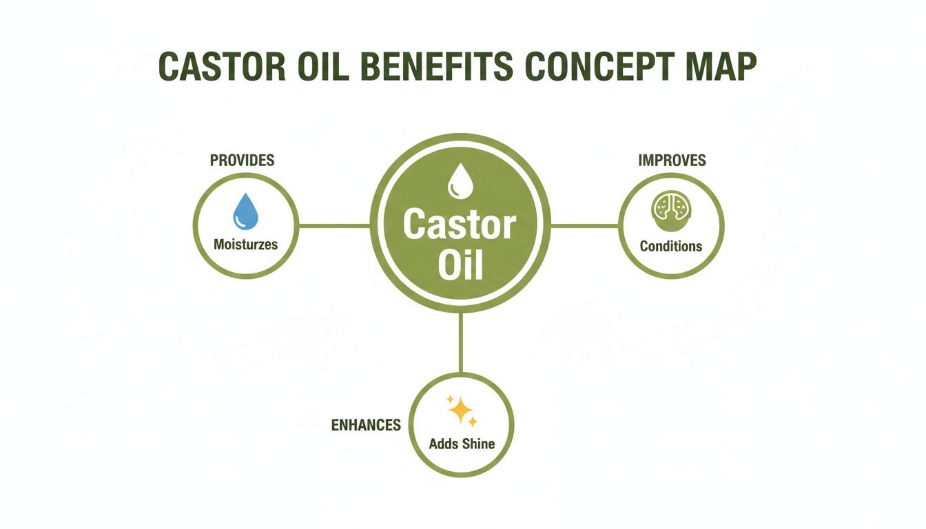 Concept map illustrating castor oil benefits: moisturizes, conditions, and adds shine to hair.