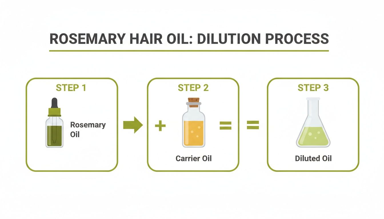 Diagram illustrating the three-step dilution process of rosemary oil with a carrier oil.
