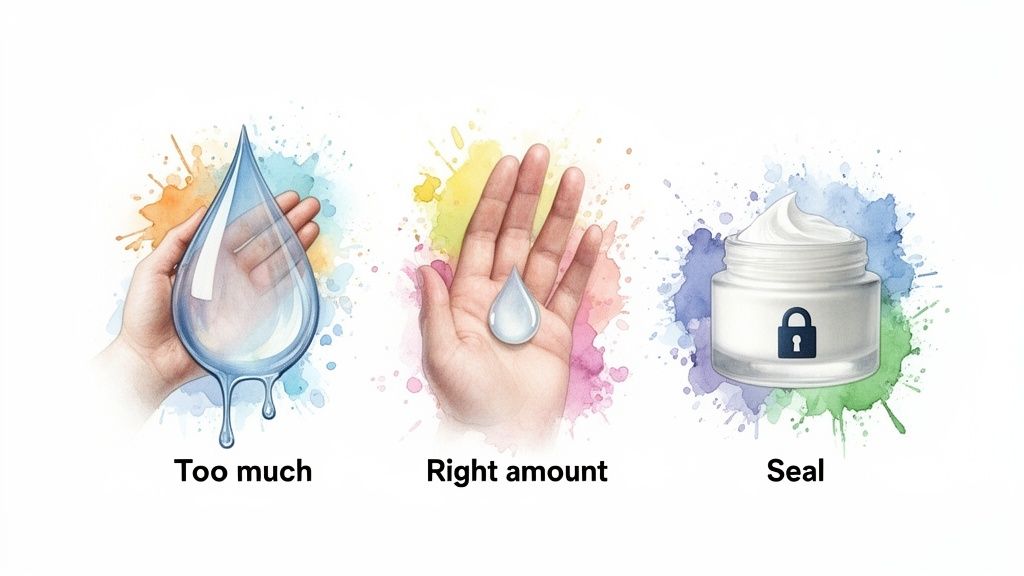 Illustration demonstrating 'too much' liquid, 'right amount' of liquid in hands, and a sealed cream jar.