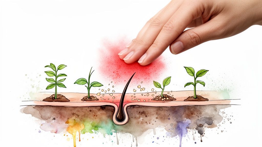 A hand sprinkles red particles on a scalp with a hair follicle and plants, symbolizing hair growth.