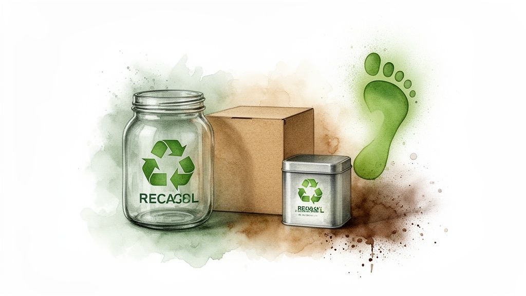Glass jar, cardboard box, and metal tin with recycling symbols, plus a green footprint, represent eco-friendly packaging.