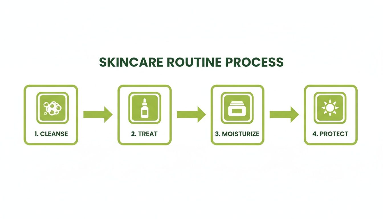 An infographic showing the four-step skincare routine process: cleanse, treat, moisturize, and protect.