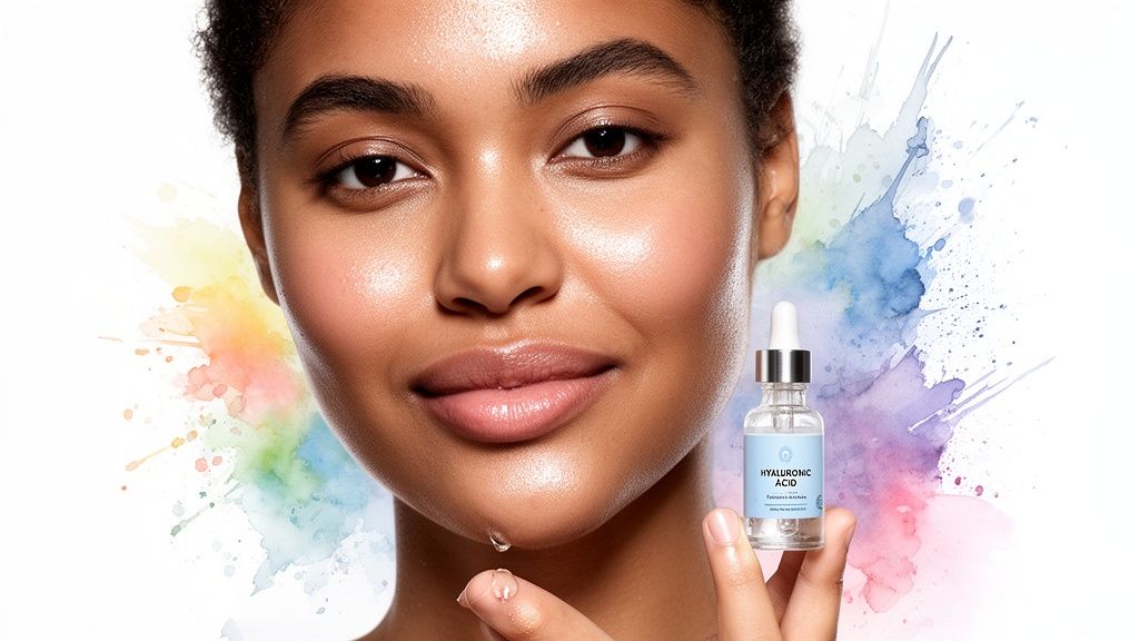 Close-up of a smiling woman holding hyaluronic acid serum, demonstrating its use for skincare.