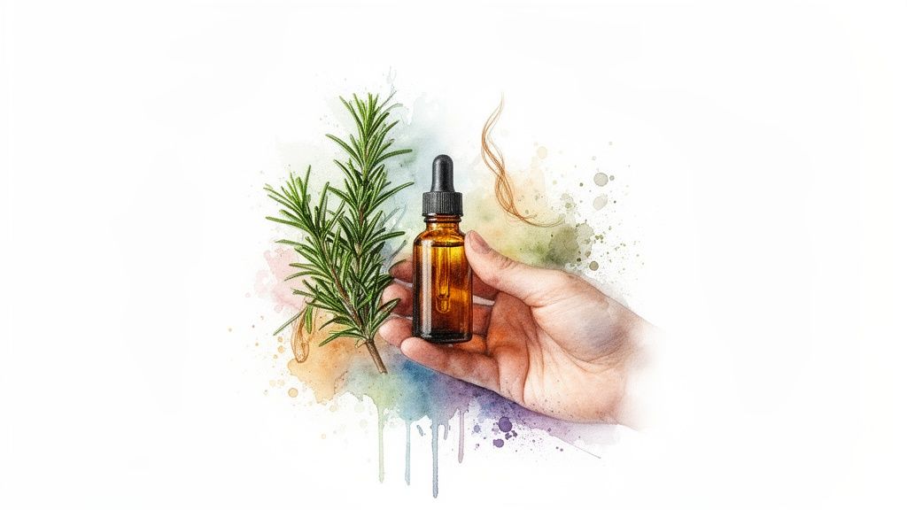A hand holds a dropper bottle of rosemary oil next to a fresh rosemary sprig, surrounded by watercolor splashes.