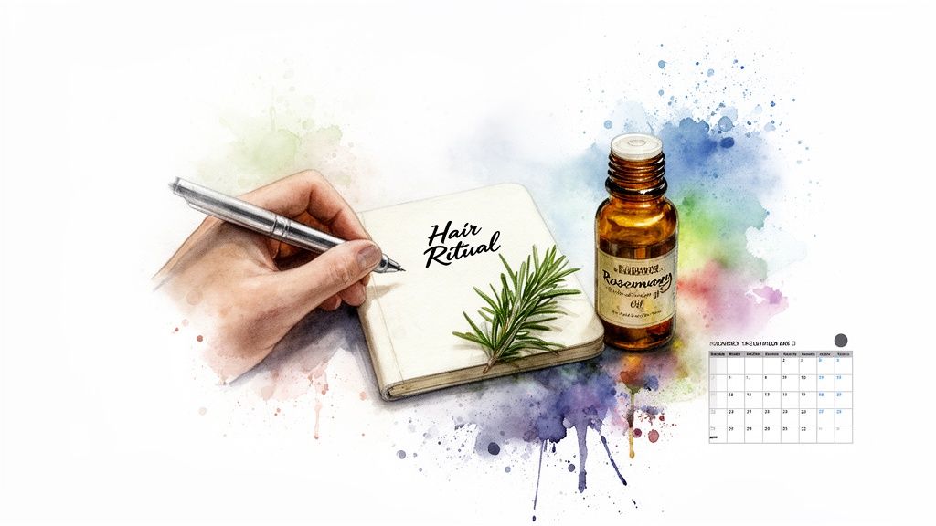 A hand writes 'Hair Ritual' in a notebook next to rosemary oil, a sprig, and a calendar with watercolor splashes.