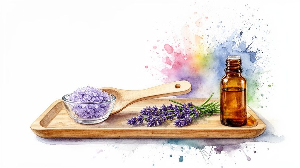 A spa scene featuring lavender bath salts in a bowl, fresh lavender flowers, and essential oil on a wooden tray with a watercolor background.