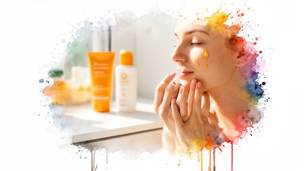 Woman applying vitamin C serum to her face with a dropper, surrounded by skincare products.