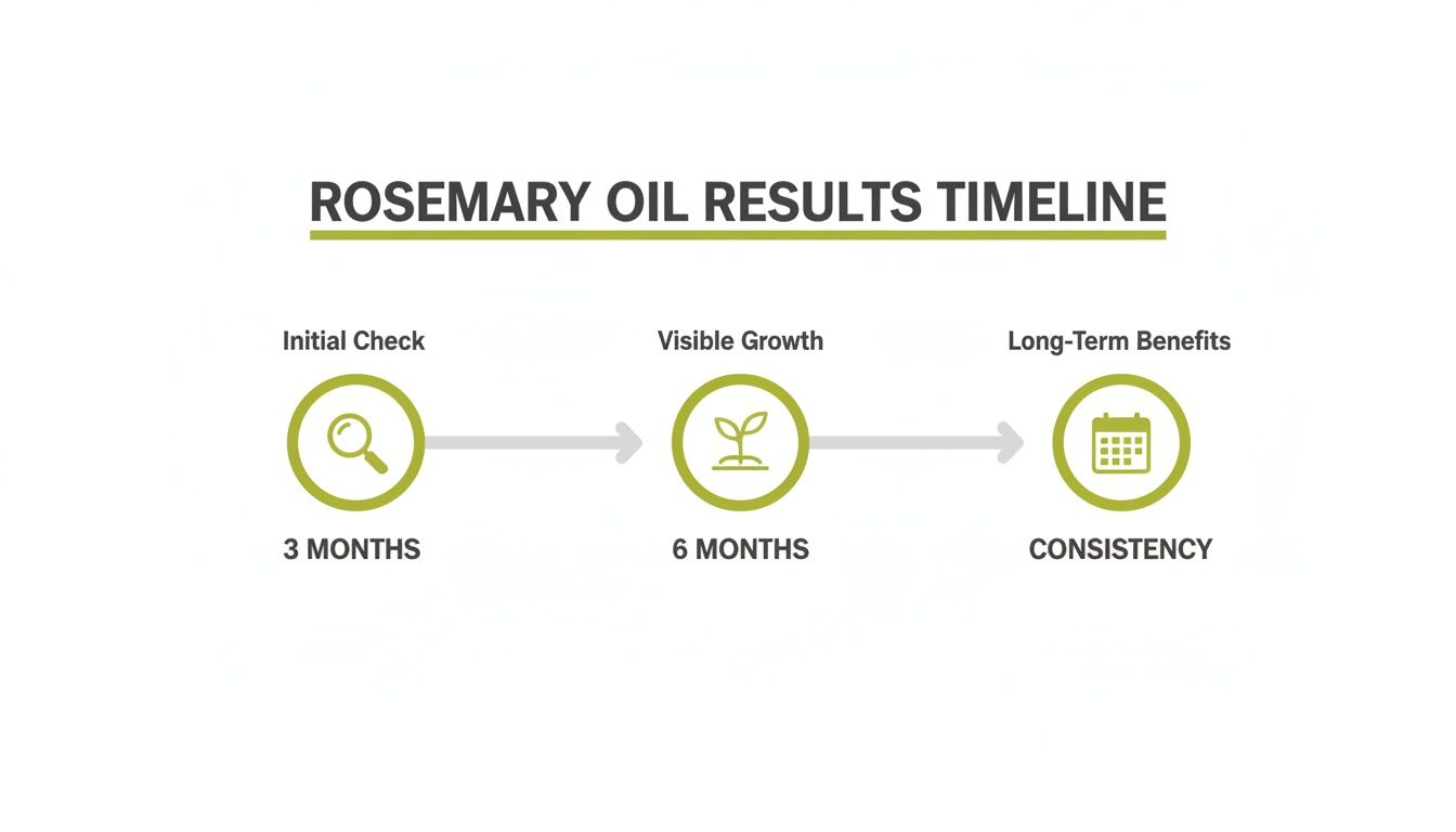 Timeline illustrating rosemary oil hair growth results: initial check at 3 months, visible growth at 6 months, and long-term benefits with consistency.