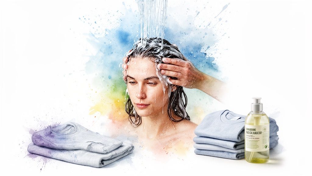 A woman washes her hair under water, surrounded by watercolor splashes, folded clothes, and a shampoo bottle.
