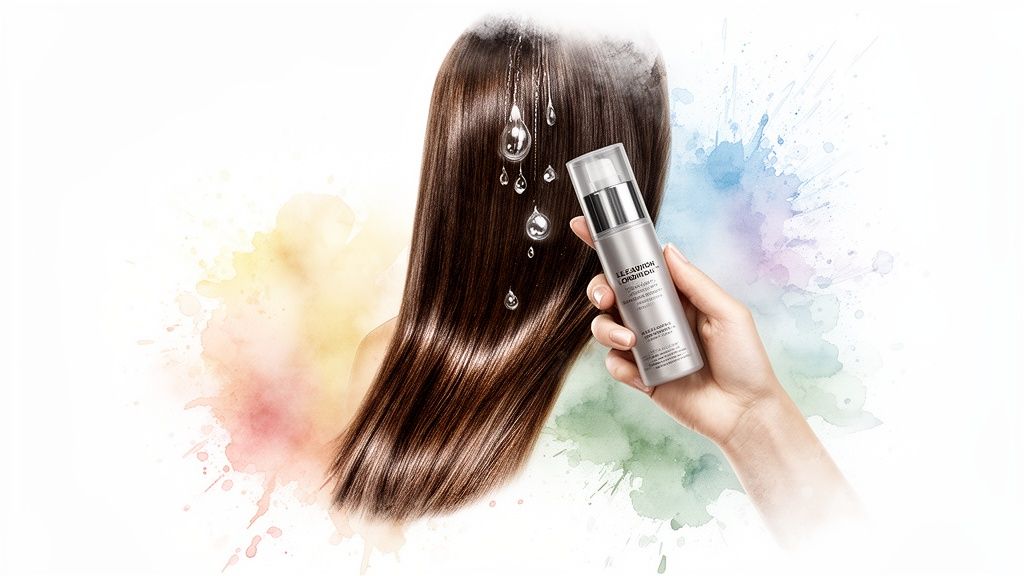 A hand holds a leave-in conditioner bottle next to long, shiny brown hair with water droplets.
