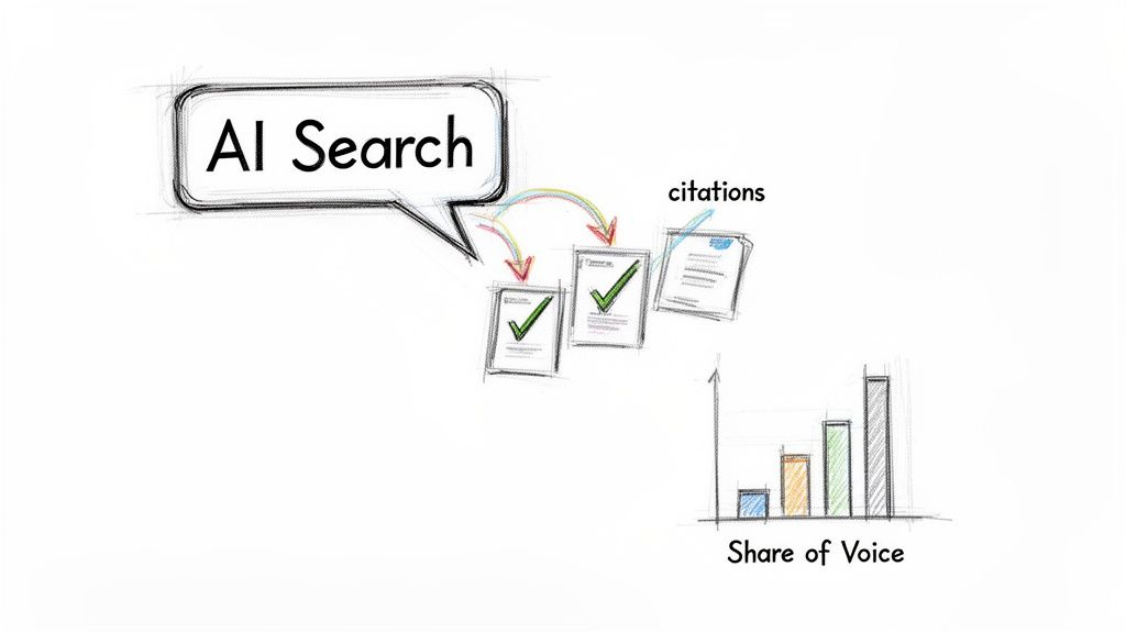 AI search process showing verified results, citations, and their impact on share of voice.