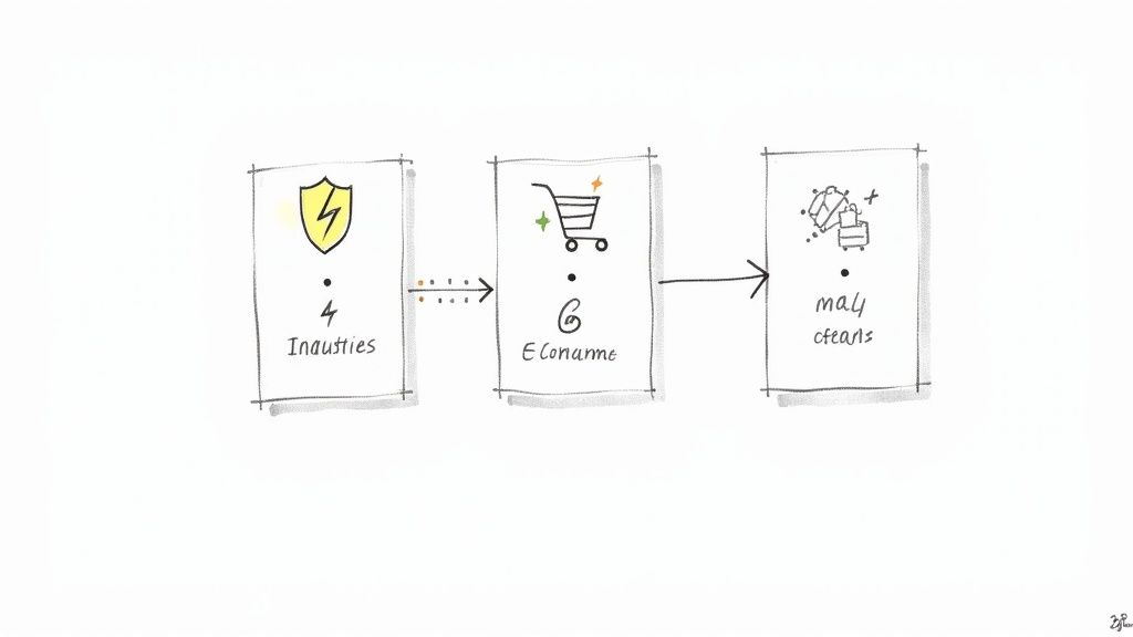Hand-drawn diagram illustrating a supply chain flow from industries to economy and goods.
