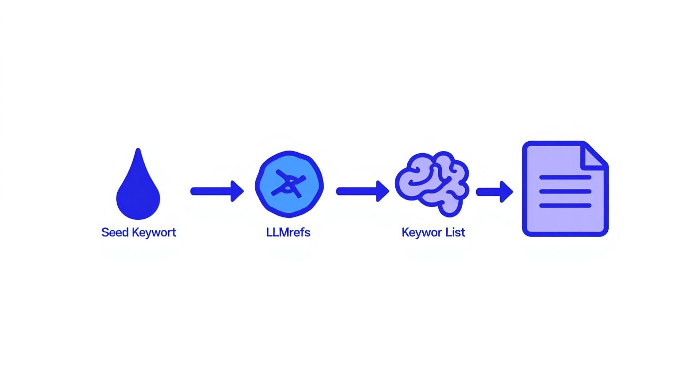 A blue and purple diagram illustrating a keyword generation workflow from seed keyword to document output.