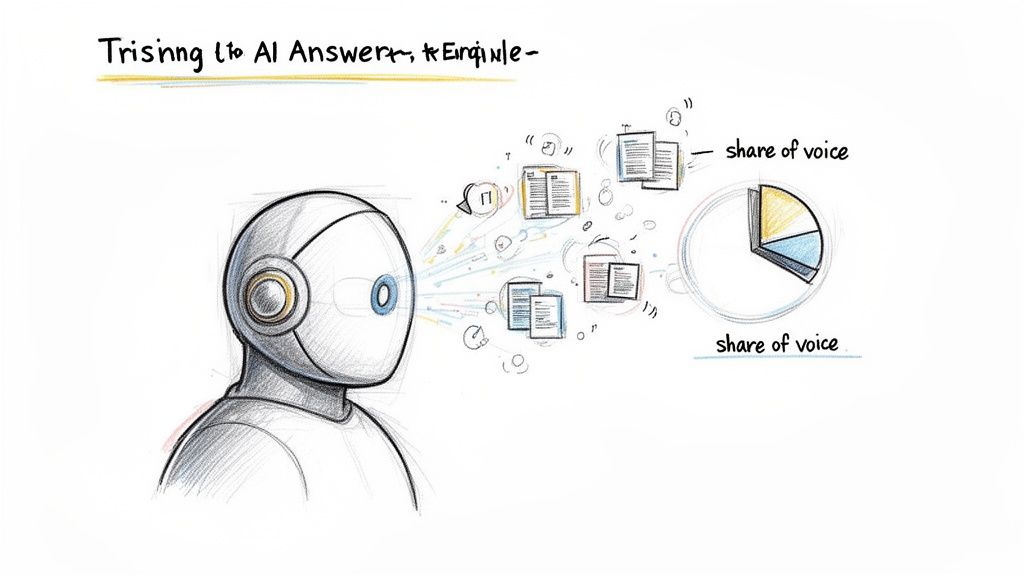An illustration of an AI processing data and influencing market share, demonstrating SEO insights.