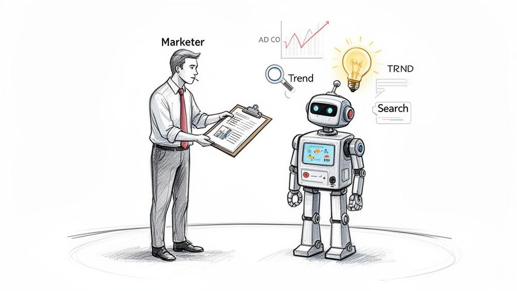 A marketer consults a robot for marketing insights, trend analysis, and ad ideas.