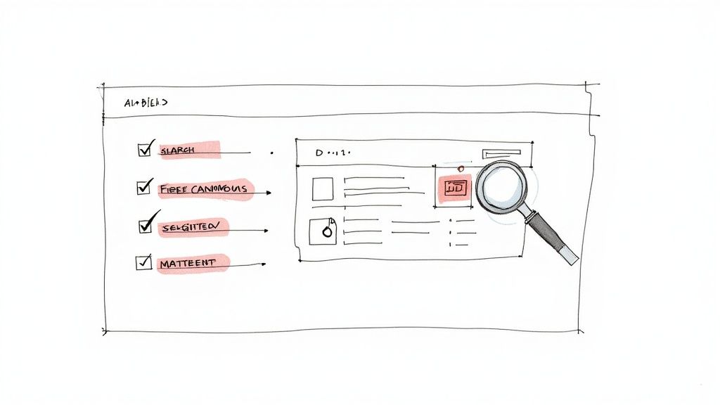Hand-drawn sketch of a user interface with filter checkboxes, content list, and a magnifying glass over an item.