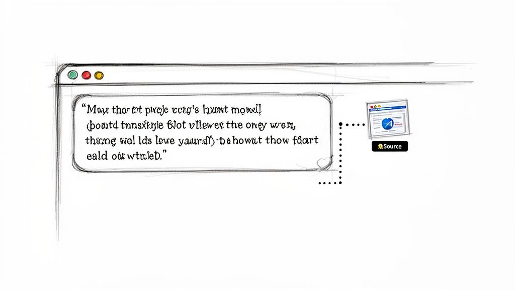 Hand-drawn browser sketch with a text bubble and a 'Source' button connected by a dotted line.