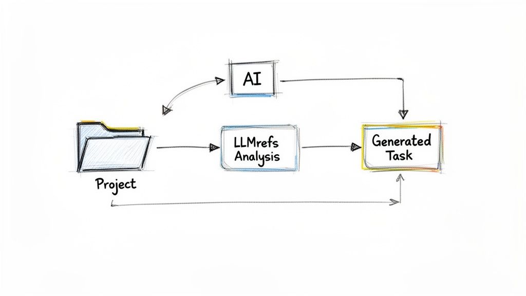 Flowchart illustrating an AI-driven process from project analysis to task generation with LLM references.