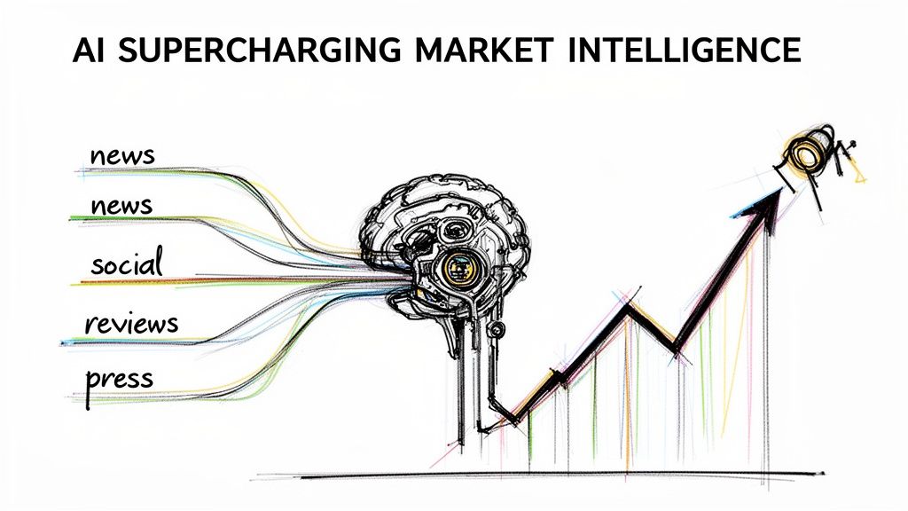 AI processing data from news, social, reviews, and press to supercharge market intelligence, showing an upward trend.
