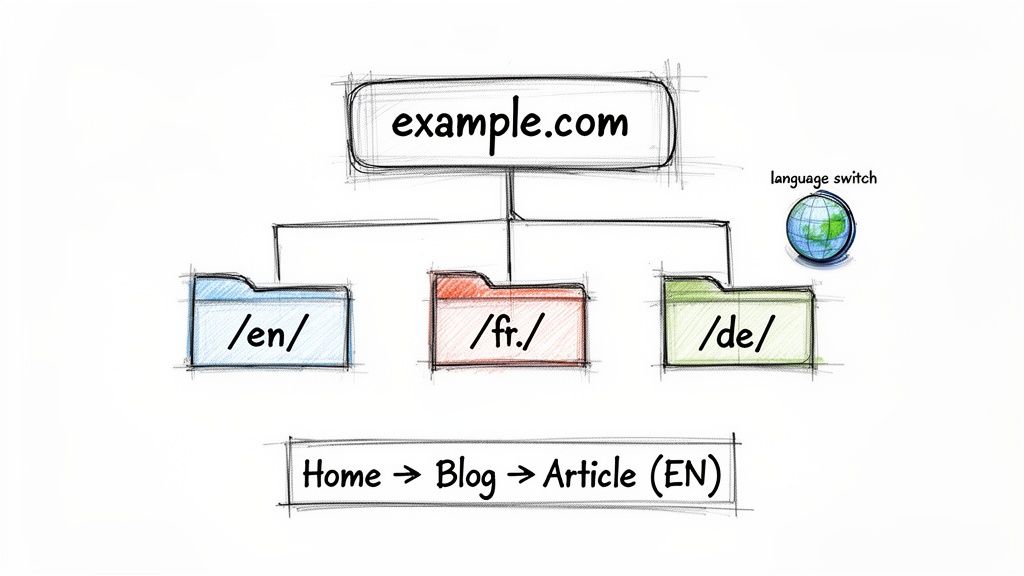 Website structure diagram showing example.com with English, French, German subdirectories and a language switch.