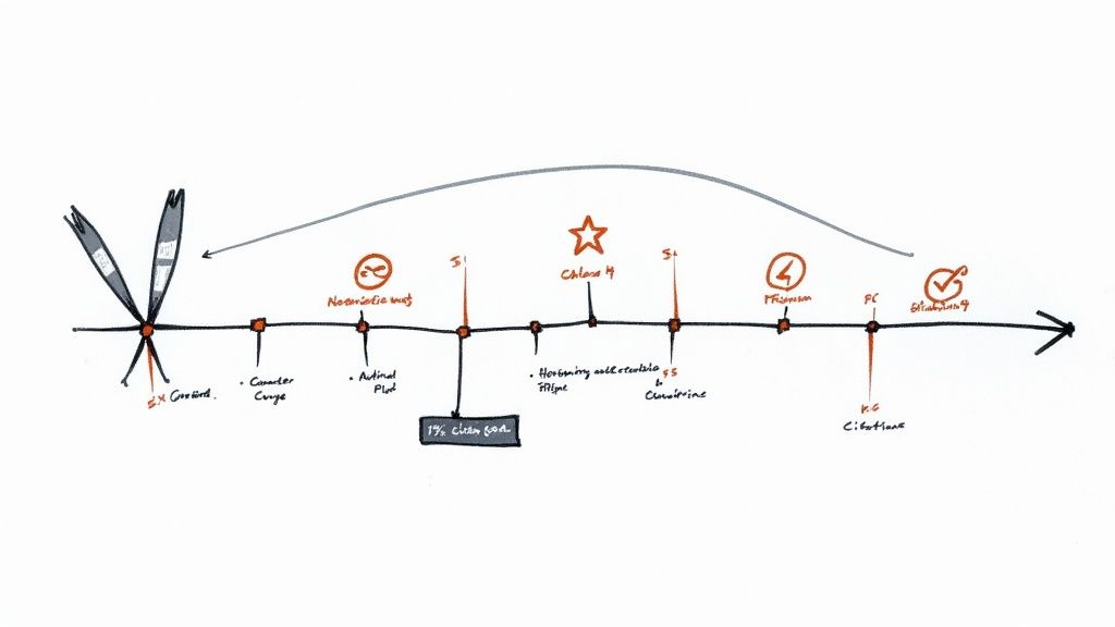 Hand-drawn timeline charting various concepts, events, and milestones with unique labels and symbols.