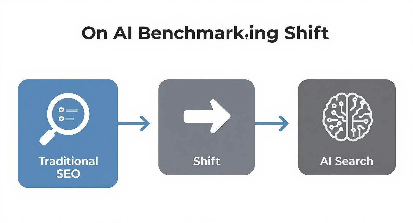 Flowchart illustrating the shift from traditional SEO practices to AI-powered search, highlighting the importance of AI benchmarking.